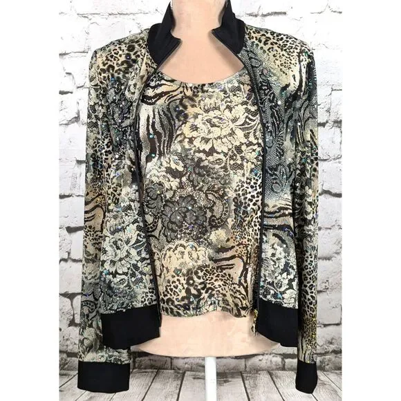 VINTAGE JOSEPH RIBKOFF Sequined Sheer Mesh Jacket & Tank Animal Floral US 10 - Picture 2 of 9